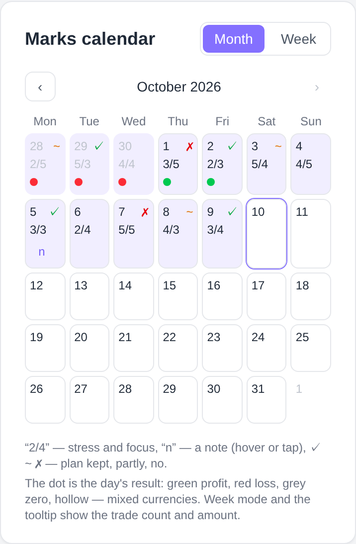 Marks calendar on a narrow phone screen
