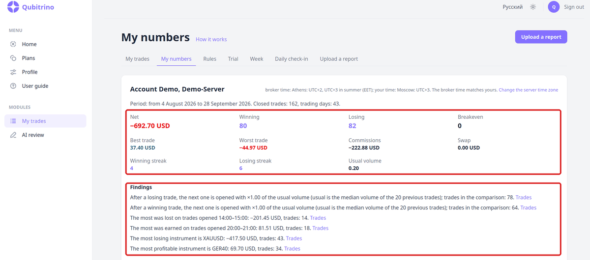 “My numbers” screen: account summary and the “Findings” block