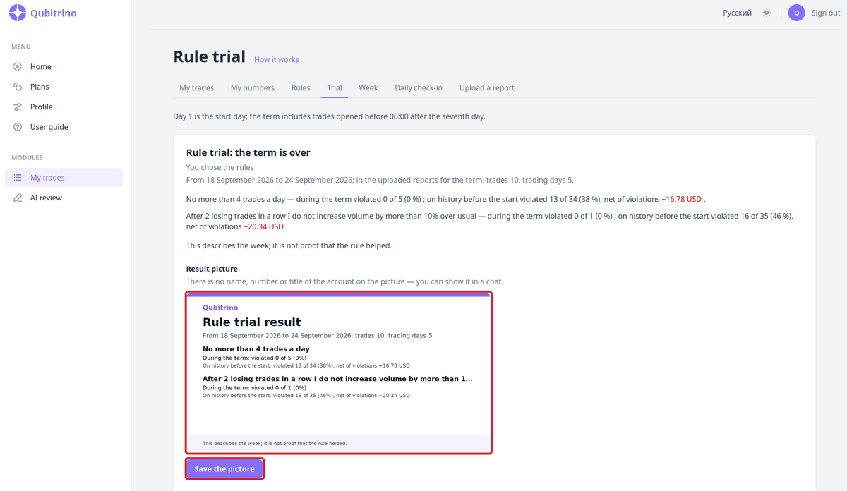 “Rule trial” screen: result, result image and the “Save image” button