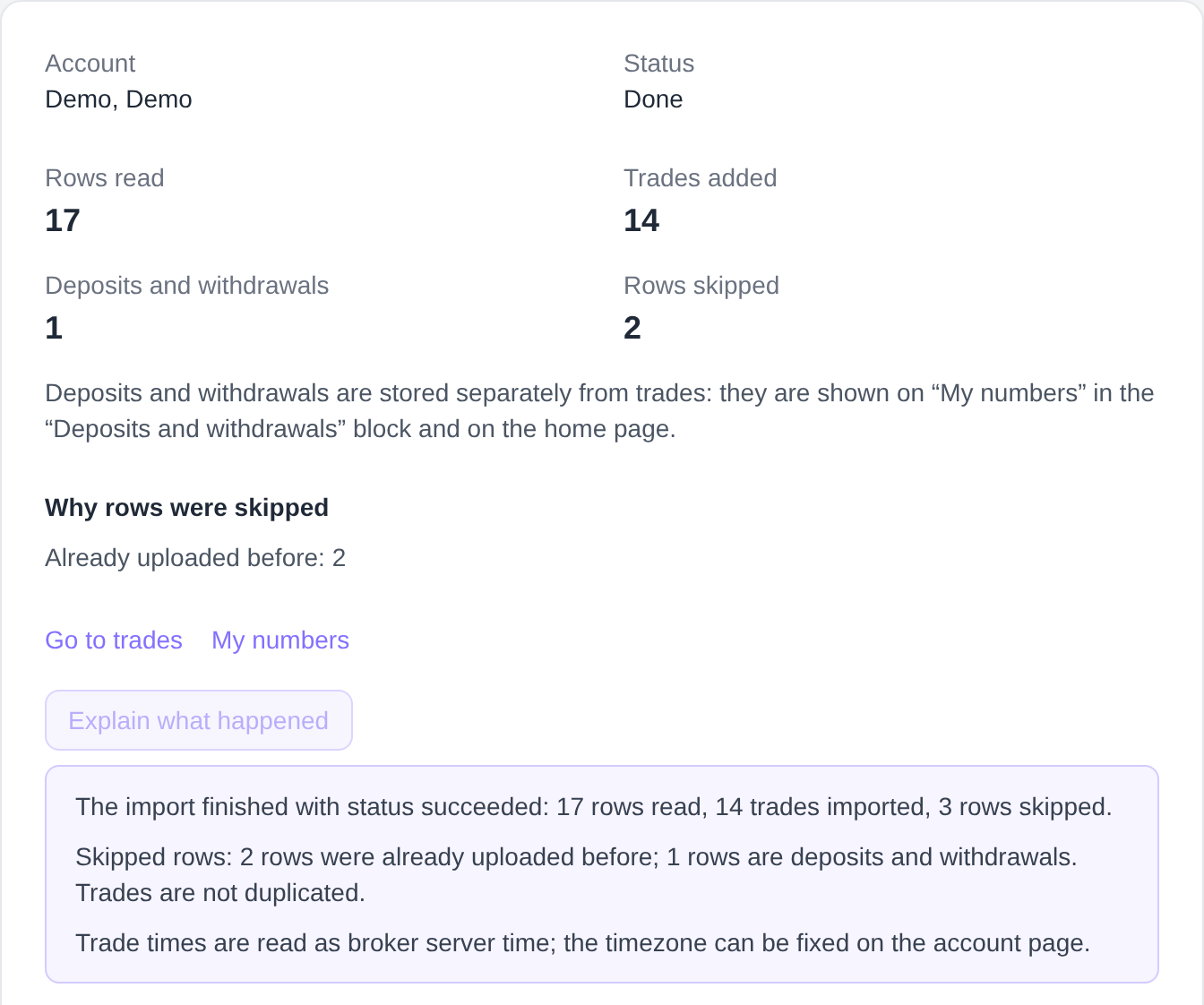 Import page: diagnostics and the «Explain what happened» button with the finished text