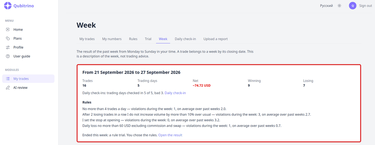 “Week” screen: weekly total and rules
