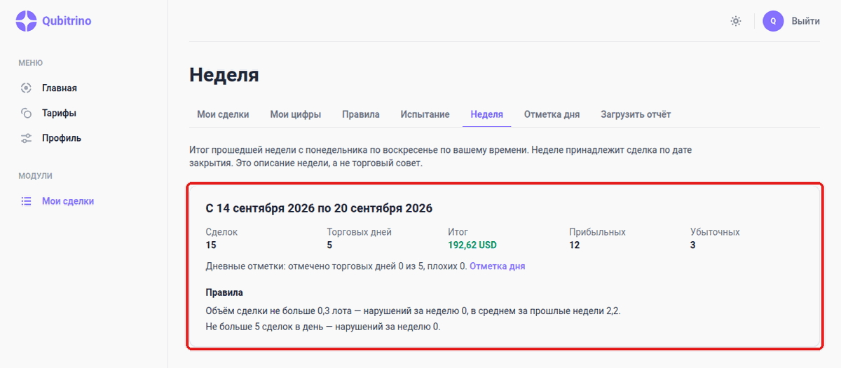 Экран «Неделя»: итог недели и правила