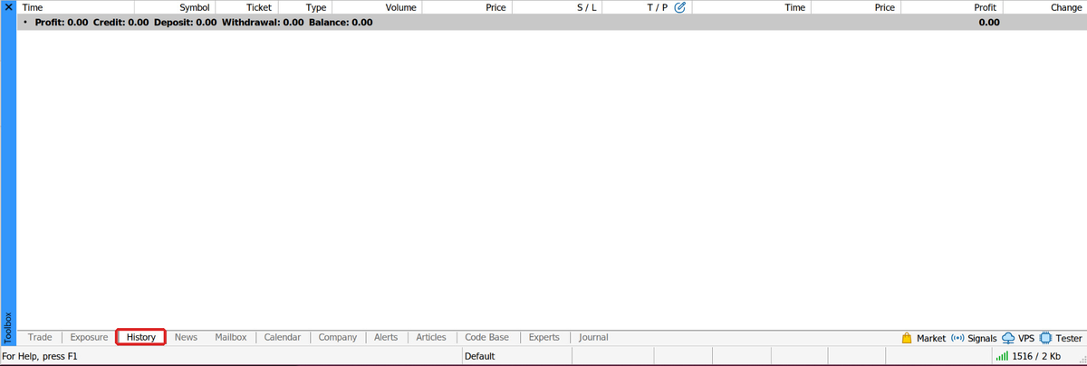 Terminal: the “History” tab at the bottom of the “Toolbox” window