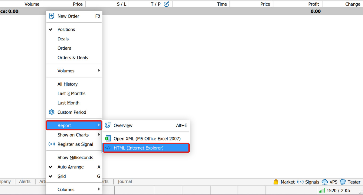 Terminal: the “Report” menu and the “HTML (Internet Explorer)” item